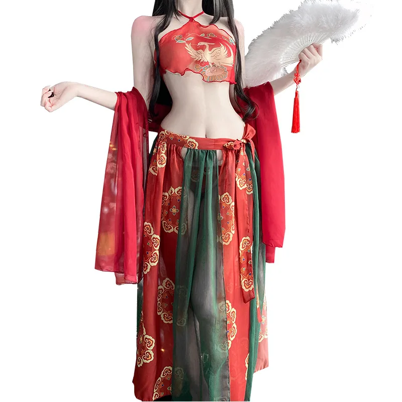 Bandaj Set de Fusta Roșie Chineză Sexy Hanfu Șorț Femei Pură Dorință de Lenjerie Suspensor Fusta Uniformă de Cald Șal Tentația Pijamale - 0