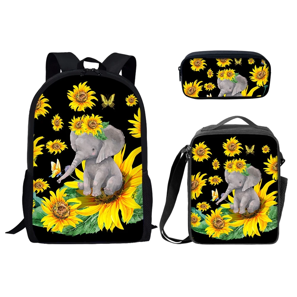 Floarea-soarelui pui de Elefant Printuri 3Pcs/Set Sac de Școală Copiii Rucsac Notebook Înapoi La Școală Ghiozdanul Cadou pentru Fete Baieti Adolescenti - 0