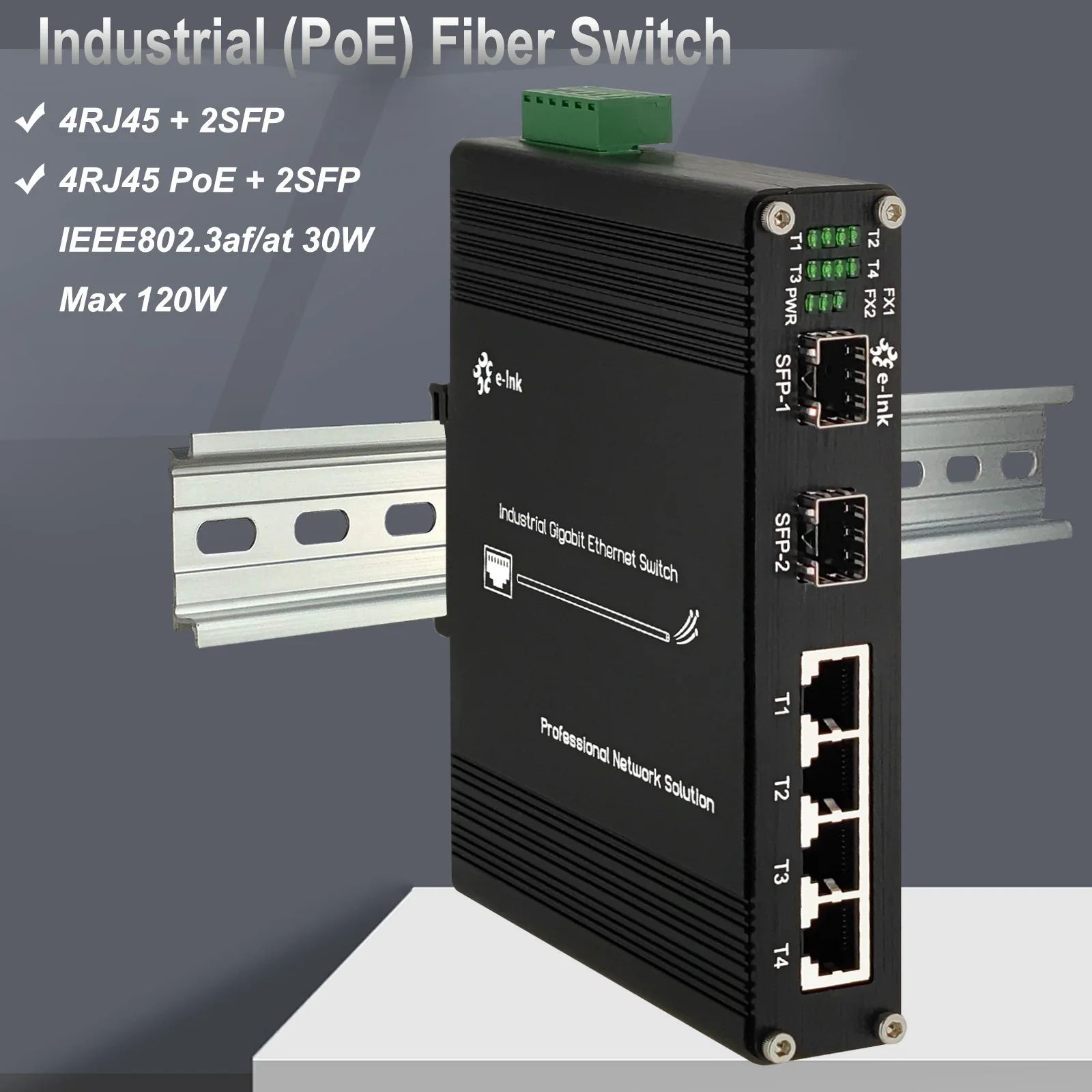 Industrial Gigabit, 4 Porturi (PoE) Fibre Comutator cu 2 SFP DIN Rail Mount Unmanaged Switch de Rețea 10/100/1000M Aluminiu Caz - 0