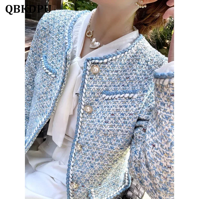 Lux Elegant Carouri Albastre Tweed Sacou Femei De Epocă Rotund Gat Buton Cu Perla Design Haină Scurtă Moda Coreeană Chaqueta 2023 Noi - 0