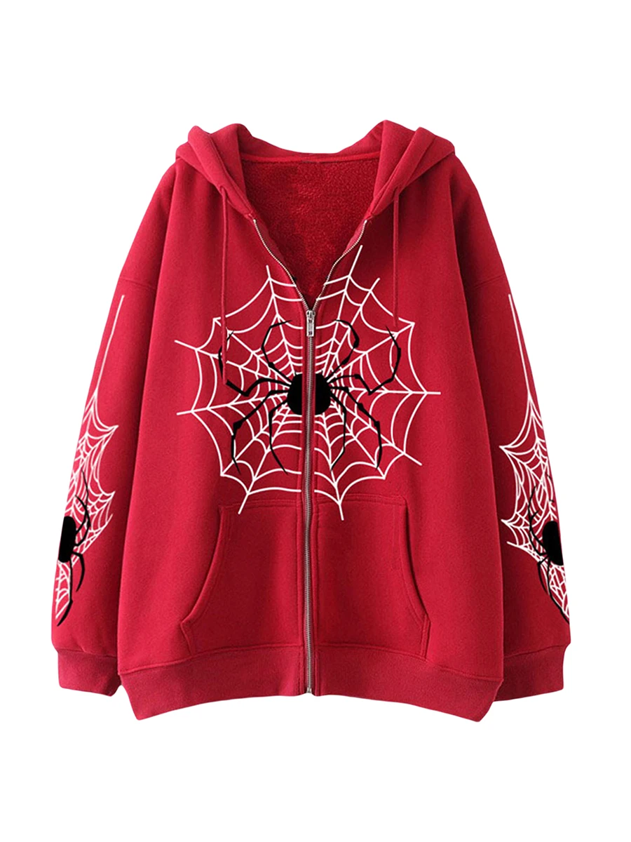 Stil infricosator Femei s Zip-Up Strat cu Glugă cu Spider Web de Imprimare Mâneci și Buzunare - Perfect pentru Halloween și Streetwear - 0