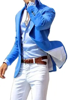Haina albastră, Pantaloni, Costume de Barbati 2 buc Crestate Rever Blazer de Afaceri de Înaltă calitate pentru Bărbați Costum de Nunta Costum(Sacou+Pantaloni Albi+Cravata)