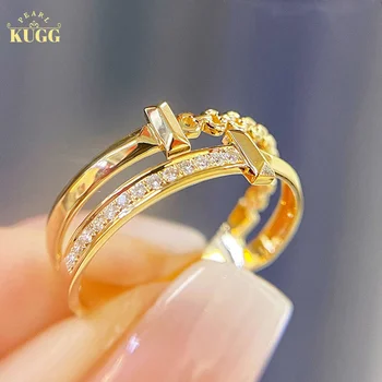 KUGG 18K Aur Galben Inele Naturale Reale Inel cu Diamant pentru Femei Logodna Moda Dublu Stratificat Cross Design de Înaltă Bijuterii