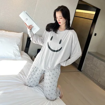 Roz Pijamale Noi Femeile Modal Smiley Print Set Primavara-Vara Subtiri Cu Maneca Lunga Pantaloni Largi Mare Poate Fi Purtat În Afara Rundă Ne