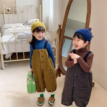 Versiunea Coreeană Copii Fleece Îngroșat Retro Carouri Salopete Calde Pantaloni Casual Băieți Fete Din Bumbac Salopeta Toamna Iarna Bumbac Pantaloni