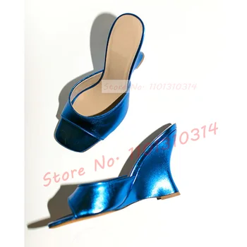 Albastru Metalizat Pene Papuci Femei Exterior Piele Strălucitoare Petrecere Casual Pantofi De Sex Feminin De Lux, Sandale Albe Elegante, Tocuri Înalte