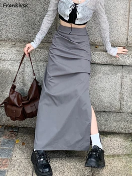 Fuste Femei cu Fantă Solid Slim Glezna-lungime Simplu la Modă Elegant Moale Sexy Stil coreean Primavara-Vara Elegante Falduri Toate-meci se Potrivesc