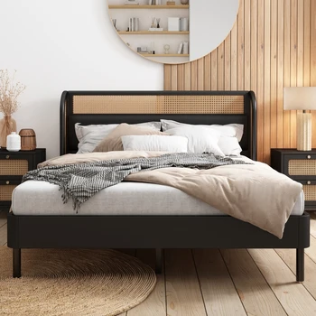 Modern Tun chip rattan design platformă de lemn mare, pat dublu, pat single, pat adolescent, pat dormitor, design de epocă