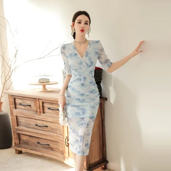 Rochie de Vara pentru Femei Nou High-end Temperament Elegant Mid-lungime V-gât cu mânecă Scurtă, Cravată-up Light Blue Office Rochie de Femei