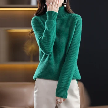 Toamna/Iarna Femei Nou 100% Lână Tricotate Îmbrăcăminte de Înaltă Polo Guler Culoare Solidă Dezbrăcat Pulover Moale Bluza Vintage