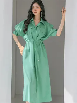 2023 Vara Noi coreeană Stil la Modă și Elegant, Cămașă Rochie de Culoare Solidă Dantelă Lung Rochie de Femei