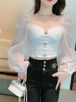Femei Elegante Dantela Mozaic Tricou Sexy Trunchiate Puff Maneca Coreean Topuri Dulce Sifon Maneca Lunga Femei Butonul Bluza Noua