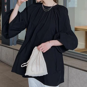 Kuzuwata de Vară Japoneză Felinar Mâneci Bluza Vintage Stil francez de Moda, O-neck Cămașă Mâneci Lungi Culoare Solidă Femei Halat