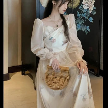 2023 Femei Rochii Noi de Vara francez Zână Vintage Stil Chinezesc China Cruce V-Neck Printed Zână Ochiuri Maneca Lunga Seara