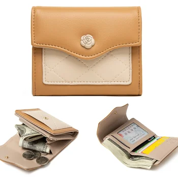 portofel pentru femei scurte și simple de moda proaspete mici contrast de culoare catarama trei-fold portofel