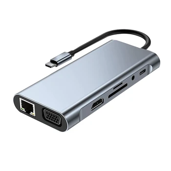 11 In 1 C HUB USB Dock Station Cu Compatibil 4K, VGA, RJ45 Ethernet, SD/TF Card Reader Pentru Pro