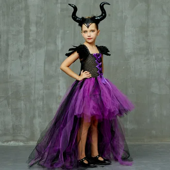 Fete Cosplay Demon Halloween Costum Copii Plasă Tutu Princess Dress Up Regina Rău Haine Negre Cu Cioara Set Deluxe Fete De Lux