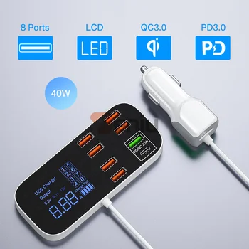 8 Porturi USB Încărcător de Mașină QC3.0 PD Rapid de Încărcare Încărcător de Telefon 40W 8A Multi Priză USB cu LED Display pentru iPhone, Samsung Android