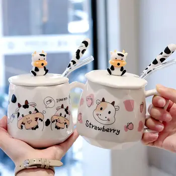 Desene animate Vaca Cana Ceramica Cu Capac Lingura de Cana Drăguț mic Dejun Cupa Drăguț și Diferite Cesti de Cafea Cadou Personalizat Original Cani