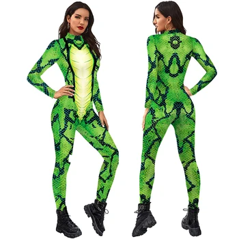 Șarpe Verde Catsuits Imprimate Sexy Femei Salopeta Carnaval Petrecere De Lux Cosplay Costum Body Adulți Fitness Body-Uri Tinute
