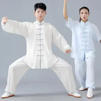 Unisex Solid Tai Chi Uniformă Maneci Scurte Kung Fu Costum De Vară Wushu Îmbrăcăminte Femei Și Bărbați Tang Costum Exercițiu De Dimineață Haine