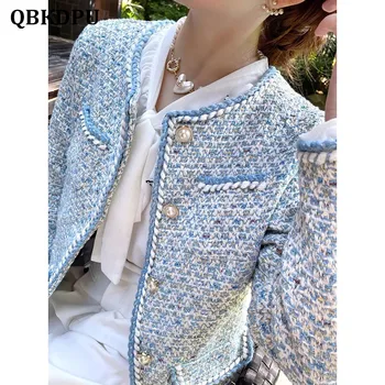 Lux Elegant Carouri Albastre Tweed Sacou Femei De Epocă Rotund Gat Buton Cu Perla Design Haină Scurtă Moda Coreeană Chaqueta 2023 Noi