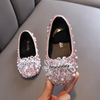 Fetelor Toamnă de Cristal Pearl Performanță Etapă Printesa Singur Pantofi Copii Superficial Gura Non-Alunecare Talpă din Piele Pantofi