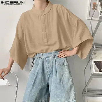 Barbati Tricou de Culoare Solidă Stand Guler Maneci Scurte Streetwear Liber Camisas Stil coreean Supradimensionat 2023 Bărbați Îmbrăcăminte S-5XL INCERUN