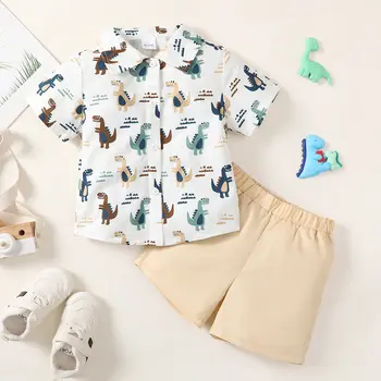 2-bucata Copilul Băieți Drăguț Provideri de Dinozaur Tipărite Buton-up cu Maneci Scurte T-shirt & Culoare Solidă pantaloni Scurți