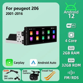 1din Android Multimedia Auto pentru Peugeot 206 2001-2016 1 Din Radio Stereo Unitate Cap Carplay Ecran Autoradio Navigare GPS Auto