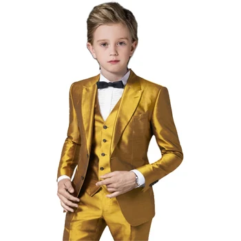 Moda pentru Copii Haine Baieti Satin Auriu 3 Bucată Petrecere Casual, Costumul de Nunta Frac, Costum Slim Fit pentru Băiat (Sacou+Vesta+Pantaloni)