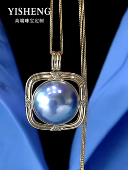 Japoneze Aurora Mabel Perla Pandantiv de Vis Cerul Albastru 18-19mm18k Aur Stil Stil Incrustate cu Diamante Colier