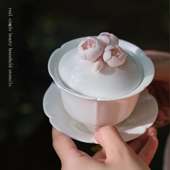 Handmade Floare Roz Gaiwan Ceașcă de Ceai Kung Fu Ceai Set de Ceai din Ceramica Cana de Ceai Castron Seu de Jad Portelan Femei Ceașcă de ceai Set de Ceai Chinezesc