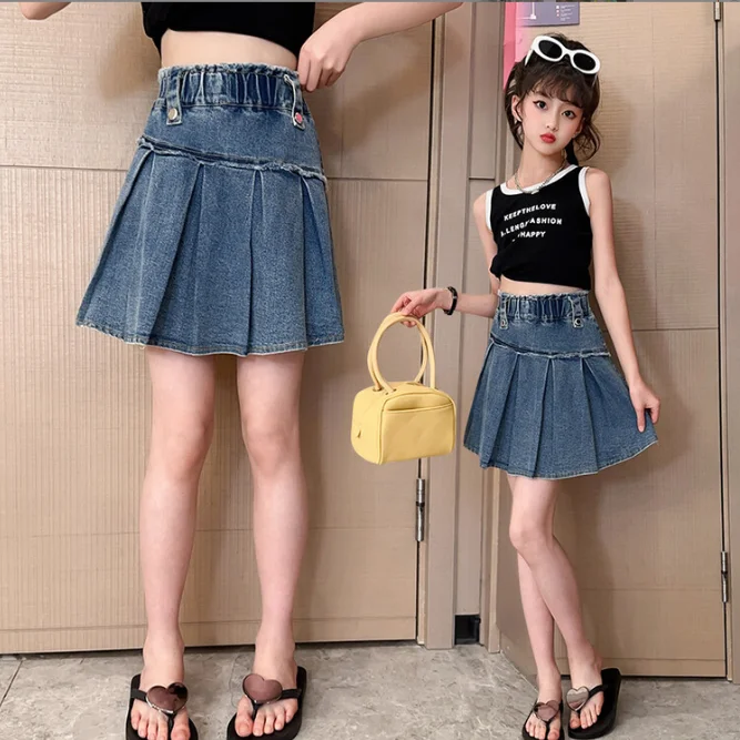 2023 stil coreean fete denim fusta drapat de vară de bună calitate fete de moda fusta de 5-15t E895 - 1
