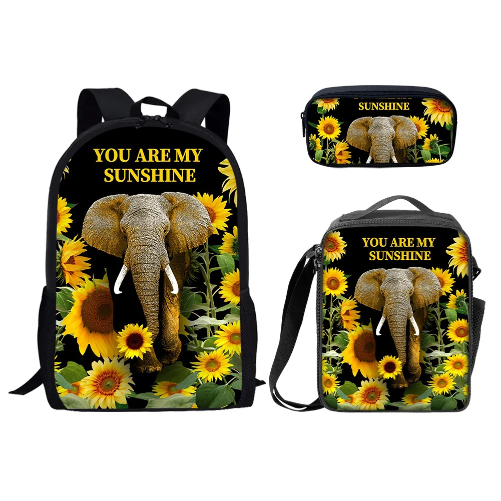 Floarea-soarelui pui de Elefant Printuri 3Pcs/Set Sac de Școală Copiii Rucsac Notebook Înapoi La Școală Ghiozdanul Cadou pentru Fete Baieti Adolescenti - 1