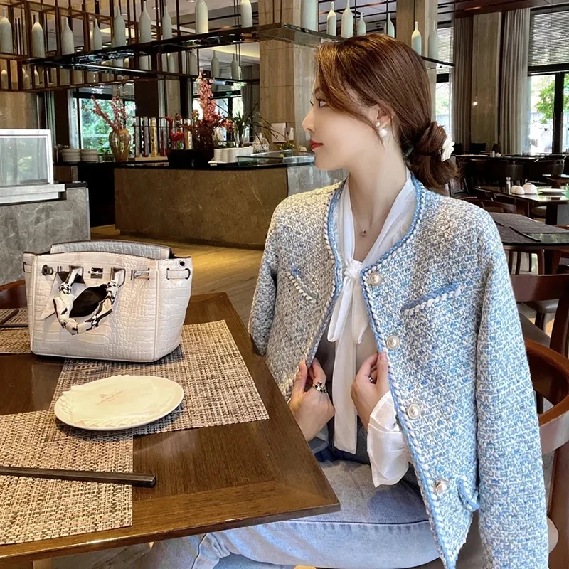 Lux Elegant Carouri Albastre Tweed Sacou Femei De Epocă Rotund Gat Buton Cu Perla Design Haină Scurtă Moda Coreeană Chaqueta 2023 Noi - 1