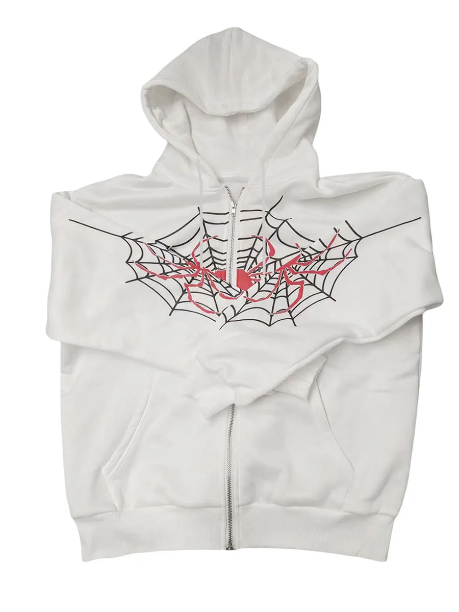 Stil infricosator Femei s Zip-Up Strat cu Glugă cu Spider Web de Imprimare Mâneci și Buzunare - Perfect pentru Halloween și Streetwear - 1