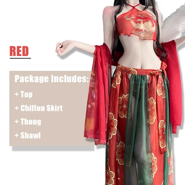 Bandaj Set de Fusta Roșie Chineză Sexy Hanfu Șorț Femei Pură Dorință de Lenjerie Suspensor Fusta Uniformă de Cald Șal Tentația Pijamale - 2