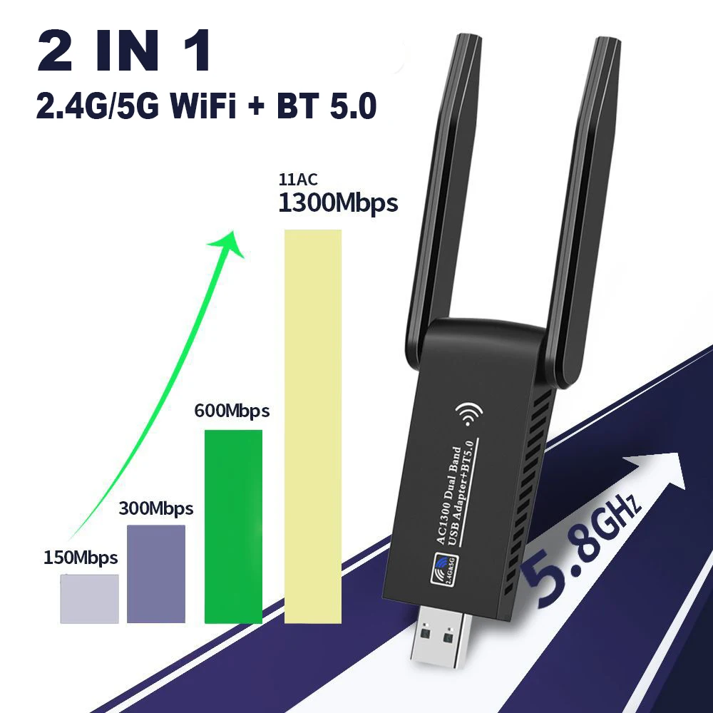 Dual Band 2.4 G 5.8 G Wireless Network Interface Controller Bluetooth 5.0 2 In 1 1300M Sofer USB3.0 Adaptor WiFi Cu Antena - 2