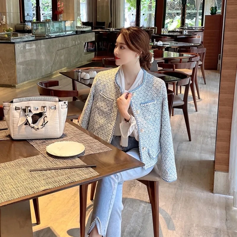 Lux Elegant Carouri Albastre Tweed Sacou Femei De Epocă Rotund Gat Buton Cu Perla Design Haină Scurtă Moda Coreeană Chaqueta 2023 Noi - 2