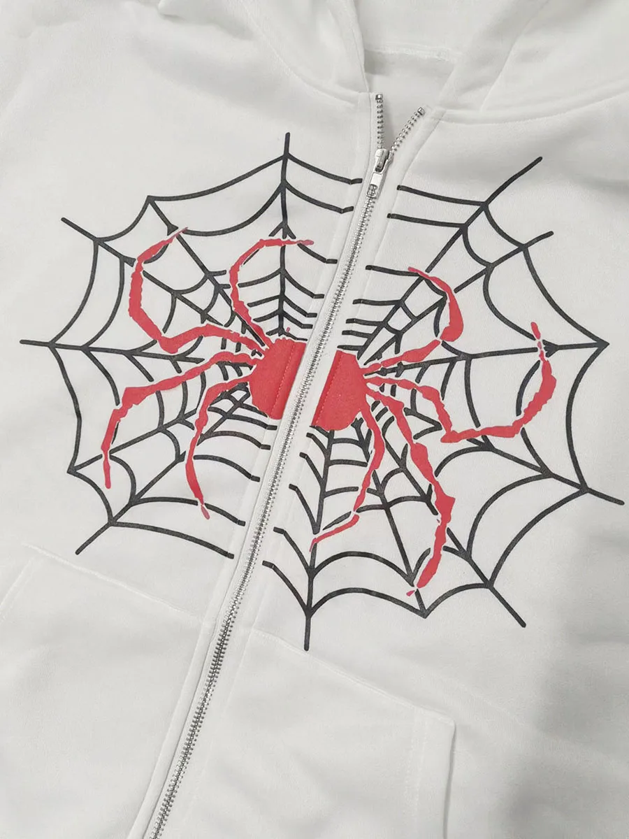 Stil infricosator Femei s Zip-Up Strat cu Glugă cu Spider Web de Imprimare Mâneci și Buzunare - Perfect pentru Halloween și Streetwear - 2