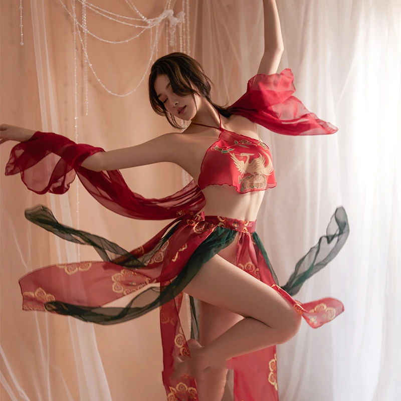 Bandaj Set de Fusta Roșie Chineză Sexy Hanfu Șorț Femei Pură Dorință de Lenjerie Suspensor Fusta Uniformă de Cald Șal Tentația Pijamale - 3