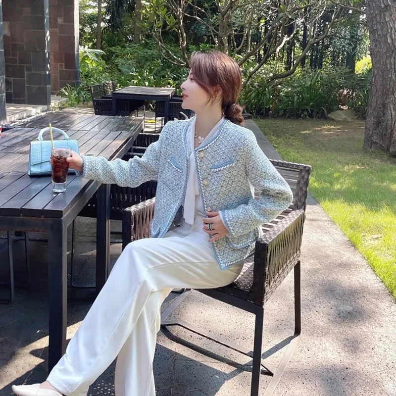 Lux Elegant Carouri Albastre Tweed Sacou Femei De Epocă Rotund Gat Buton Cu Perla Design Haină Scurtă Moda Coreeană Chaqueta 2023 Noi - 3
