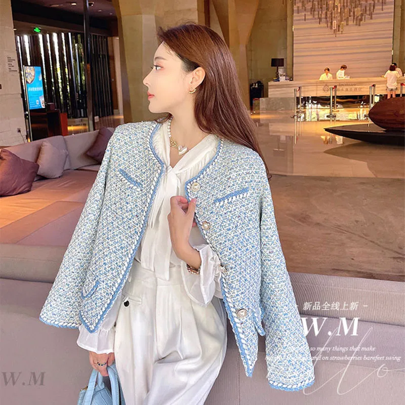 Lux Elegant Carouri Albastre Tweed Sacou Femei De Epocă Rotund Gat Buton Cu Perla Design Haină Scurtă Moda Coreeană Chaqueta 2023 Noi - 4