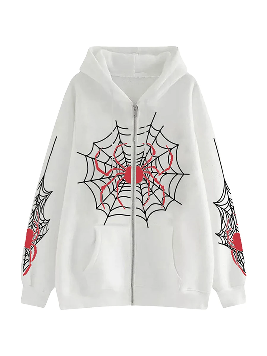 Stil infricosator Femei s Zip-Up Strat cu Glugă cu Spider Web de Imprimare Mâneci și Buzunare - Perfect pentru Halloween și Streetwear - 4