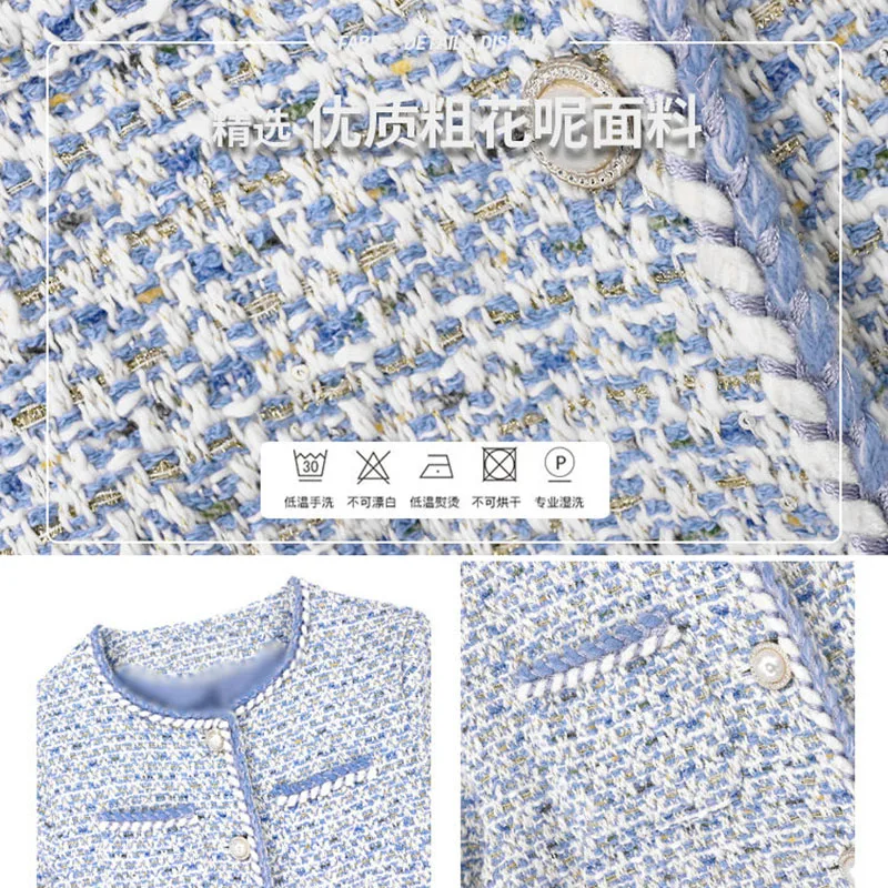 Lux Elegant Carouri Albastre Tweed Sacou Femei De Epocă Rotund Gat Buton Cu Perla Design Haină Scurtă Moda Coreeană Chaqueta 2023 Noi - 5